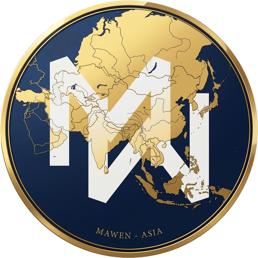 MAWEN Asia medallion — the MW monogram over a gold map of Asia